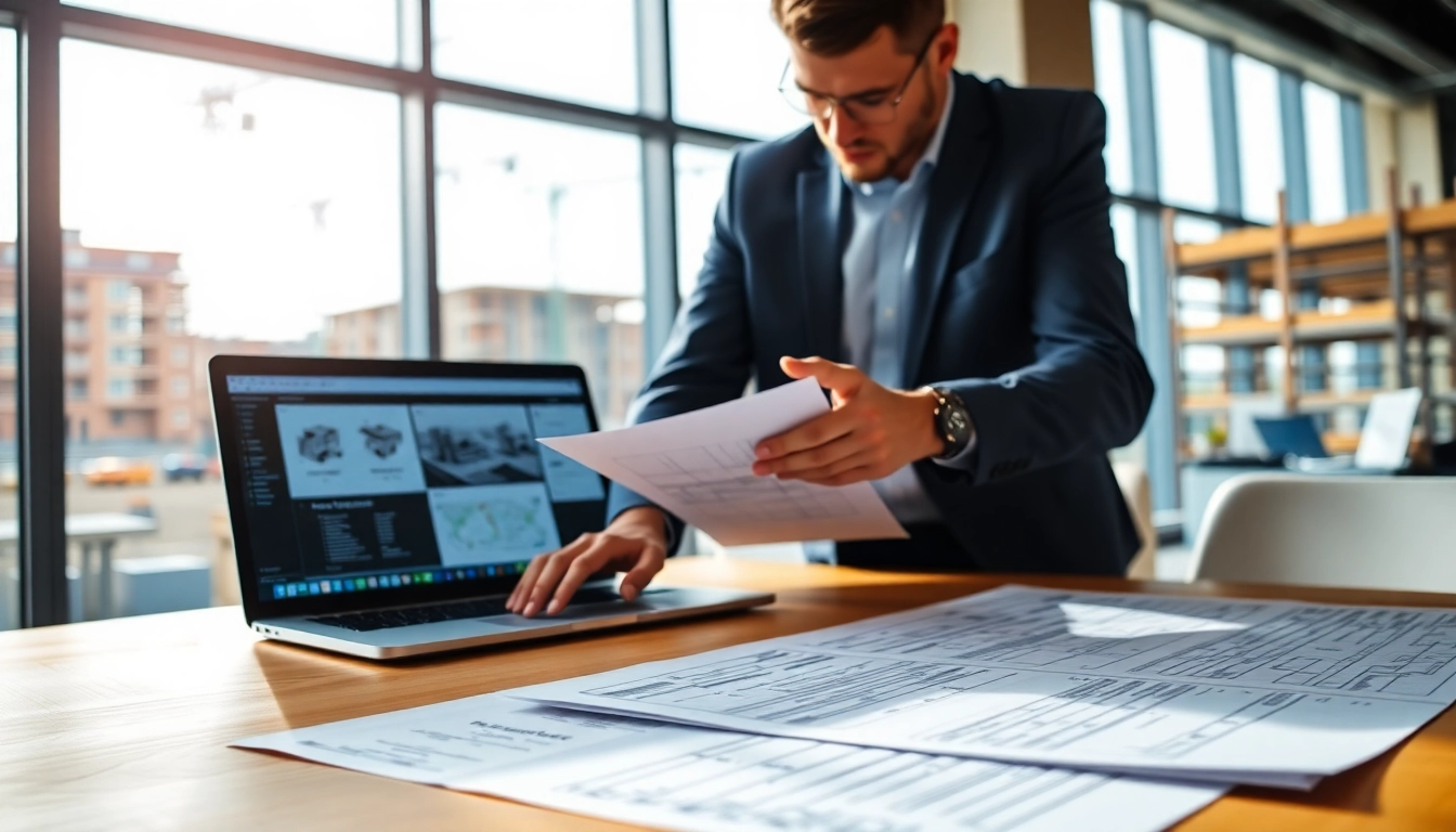 Review NVQ Level 6 Construction Contracting operations answers with detailed project plans in a modern office.