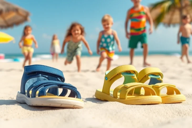 Kindersandalen in bunten Designs auf dem Sandstrand, ideal für sommerliche Abenteuer.