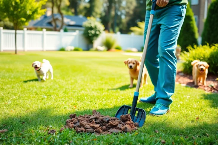Dog poop cleanup being performed in a clean backyard with playful dogs nearby.