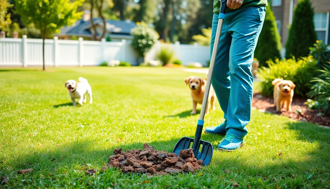 Dog poop cleanup being performed in a clean backyard with playful dogs nearby.