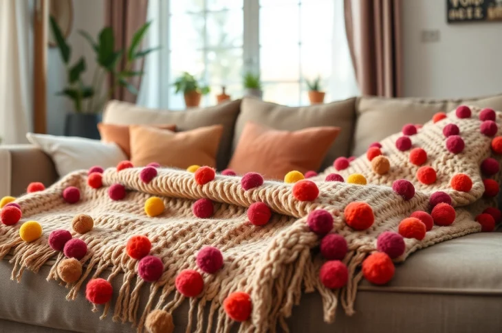 Stylish Moroccan pompom blanket showcased at https://labboho.com/collections/pompom-blanket on a cozy couch.
