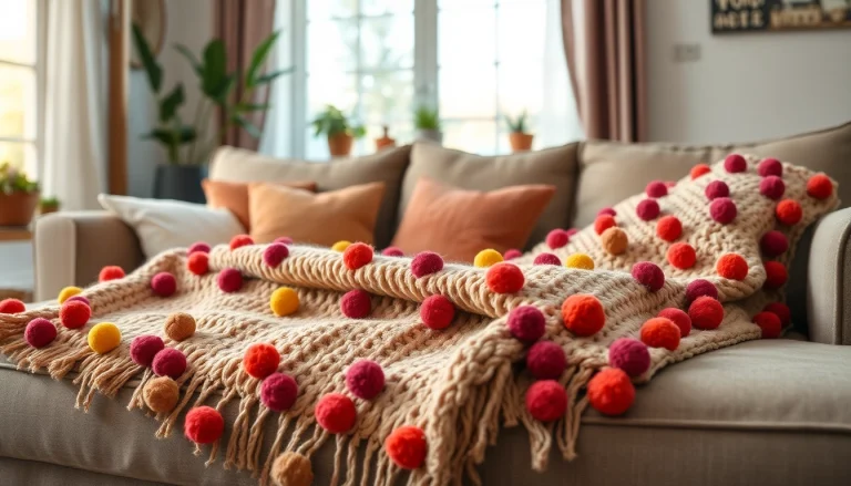 Stylish Moroccan pompom blanket showcased at https://labboho.com/collections/pompom-blanket on a cozy couch.