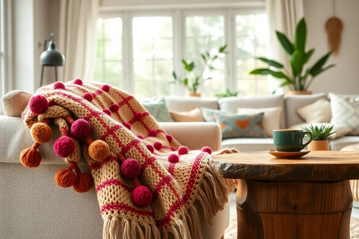 Enhance your space with Moroccan Cotton Pompom Blankets, showcasing vibrant colors and unique textures.