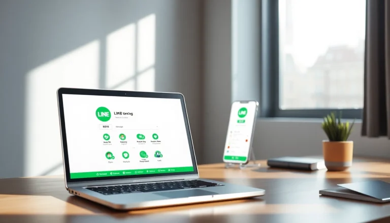 Download LINE電腦版下載 on a sleek laptop set up for seamless communication.