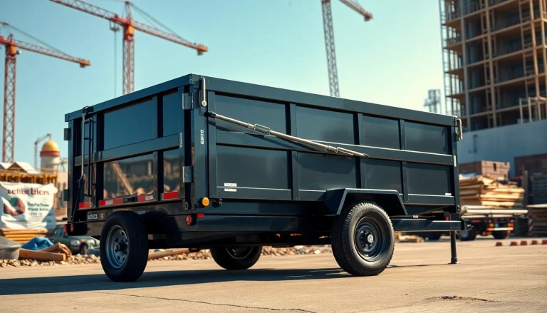 Showcasing a dumpster trailer for sale with robust features at a construction site.