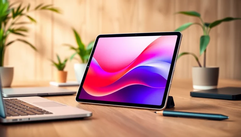 Buy iPad Pro in a modern workspace featuring a sleek desk and vibrant decorations.