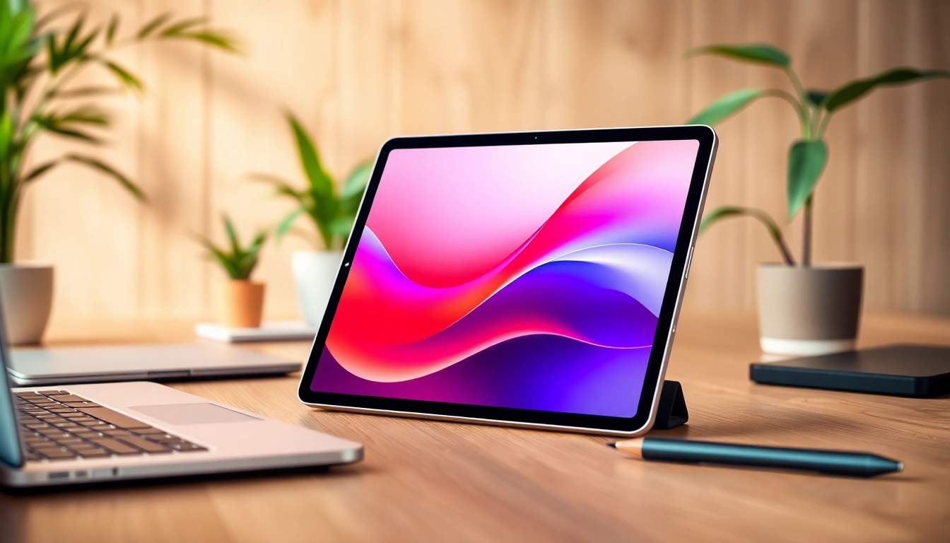 Buy iPad Pro in a modern workspace featuring a sleek desk and vibrant decorations.