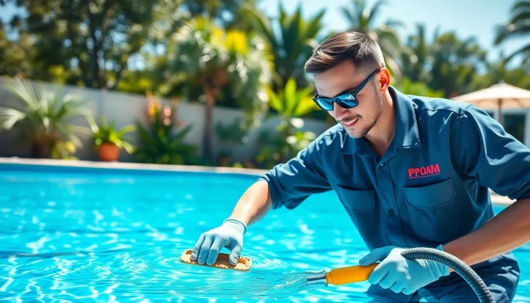Trustworthy swimming pool service Pinellas County, showcasing a technician maintaining a sparkling blue pool.