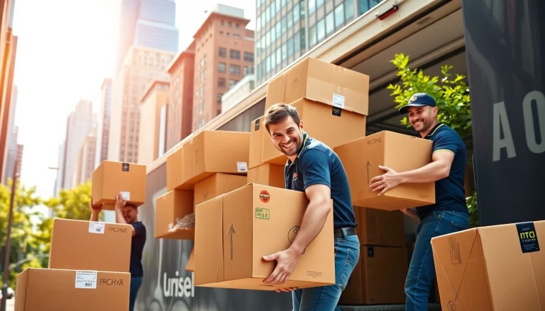 Best movers nyc efficiently working on a bustling NYC moving site with boxes and a truck.