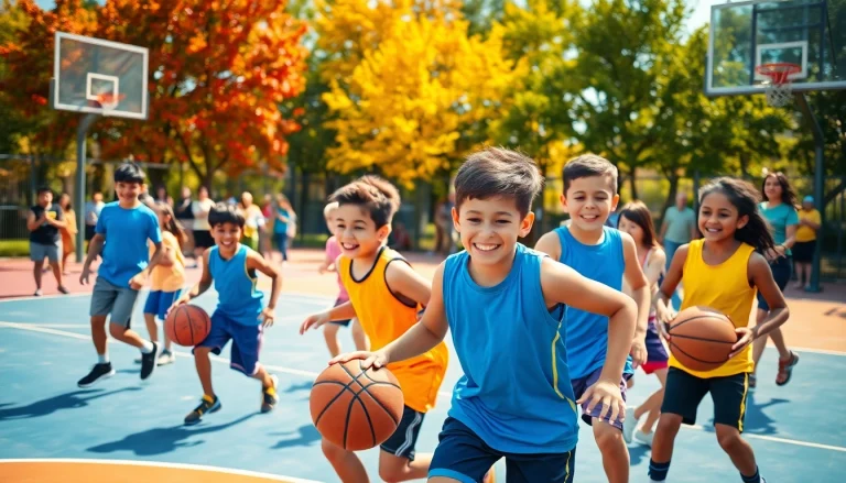 Young basketball enthusiasts engage in an energetic game on a sunny outdoor court.