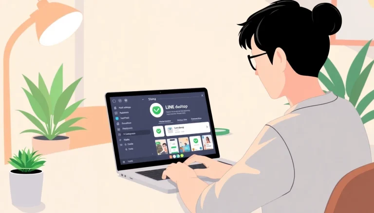 Downloading the LINE desktop app (line電腦版下載) on a sleek laptop in a bright workspace.