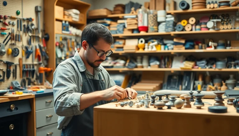 Furniture hardware suppliers showcasing a vibrant workshop with diverse supplies and artisan craftsmanship.