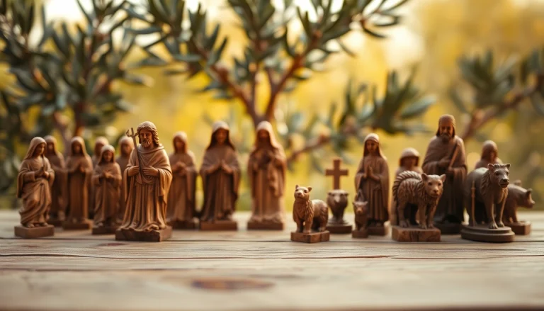 Admire exquisite olive wood carvings highlighting fine craftsmanship in a serene setting.