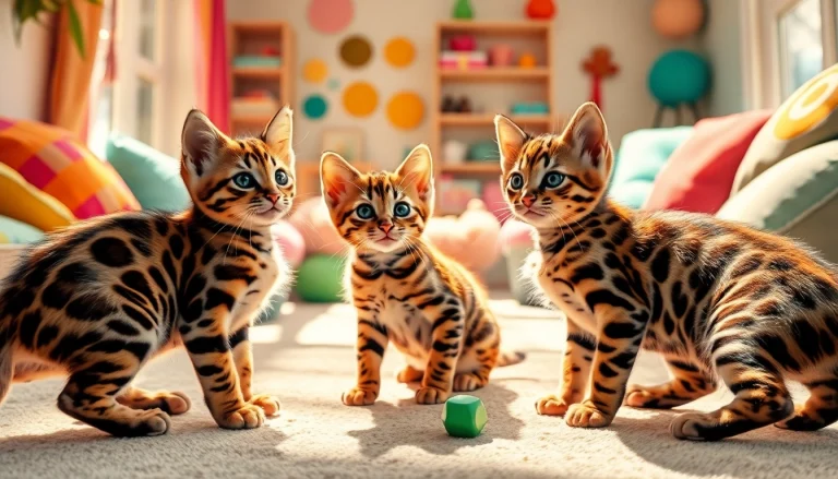 Bengal Kittens for Sale playing joyfully in a colorful and inviting environment.