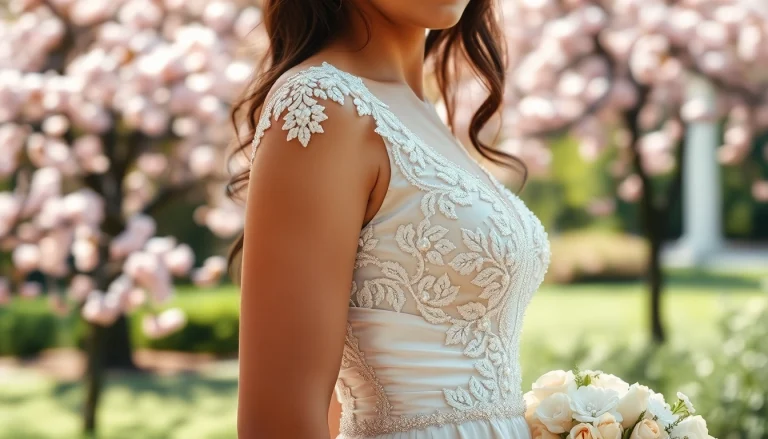 Capture the elegance of Beaded Wedding Dresses with intricate details in a serene garden setting.