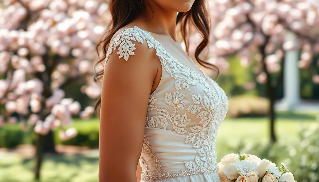 Capture the elegance of Beaded Wedding Dresses with intricate details in a serene garden setting.