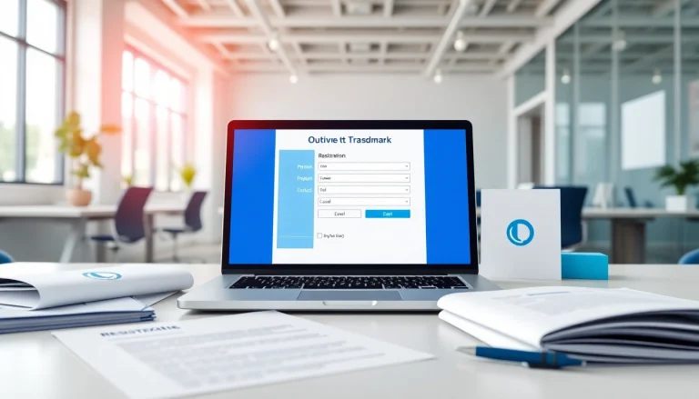 Efficient online trademark registration platform process illustrated with legal documents and a laptop.