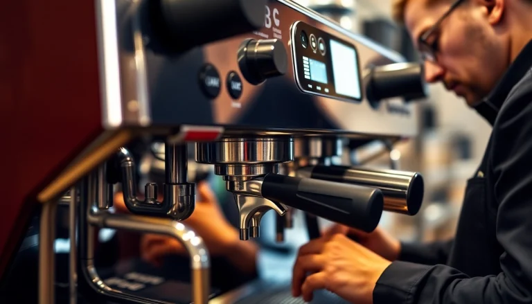Cimbali teknik servis expert repairing an industrial espresso machine with precision tools.
