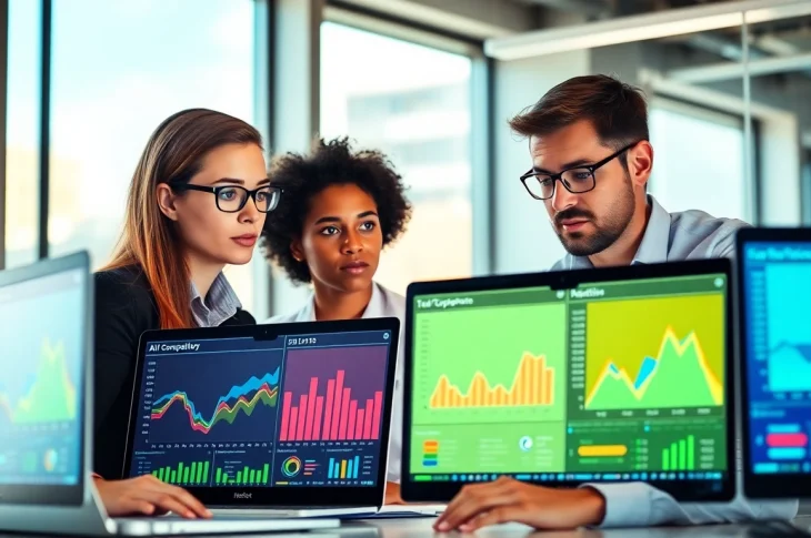 Analyze strategies using AI for competitor analysis in a modern office environment.