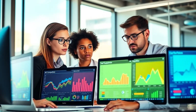 Analyze strategies using AI for competitor analysis in a modern office environment.