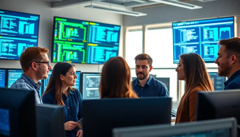 Site reliability engineering experts collaborating in a bright, modern office environment.