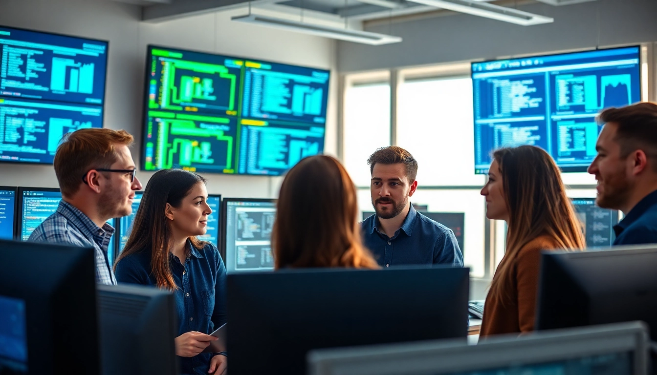 Site reliability engineering experts collaborating in a bright, modern office environment.