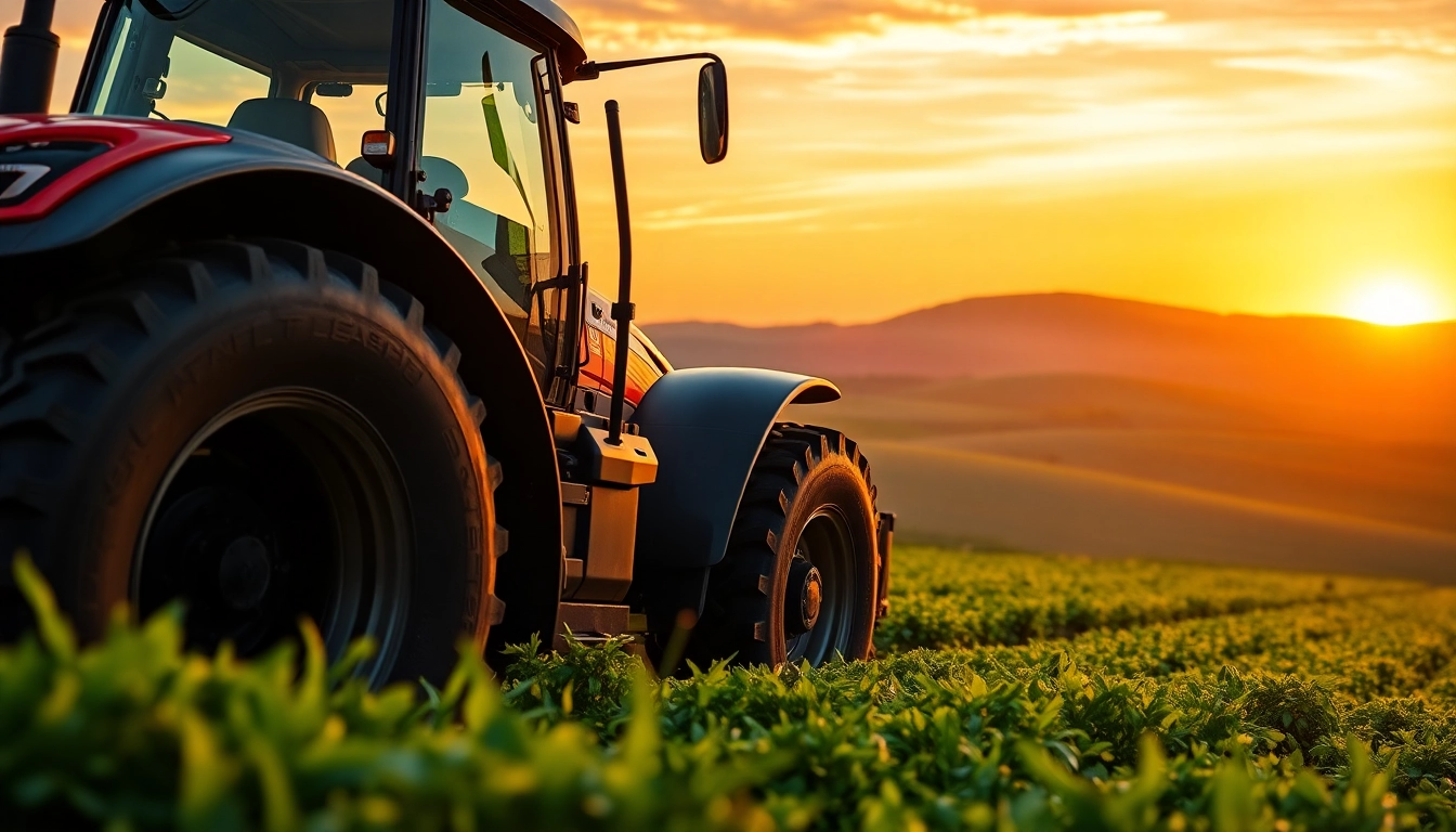 New Holland Traktor in Aktion auf einem Feld bei Sonnenaufgang mit leuchtenden Farben.