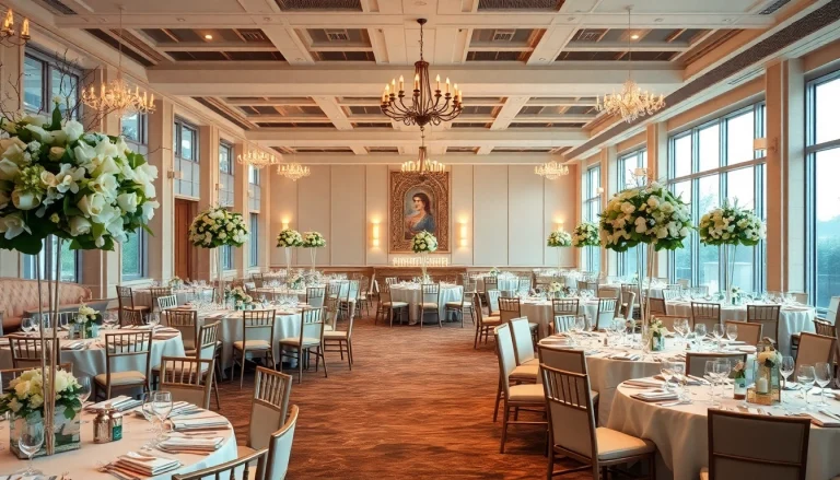 Elegant event space ready for a celebration with sophisticated decor and warm lighting.