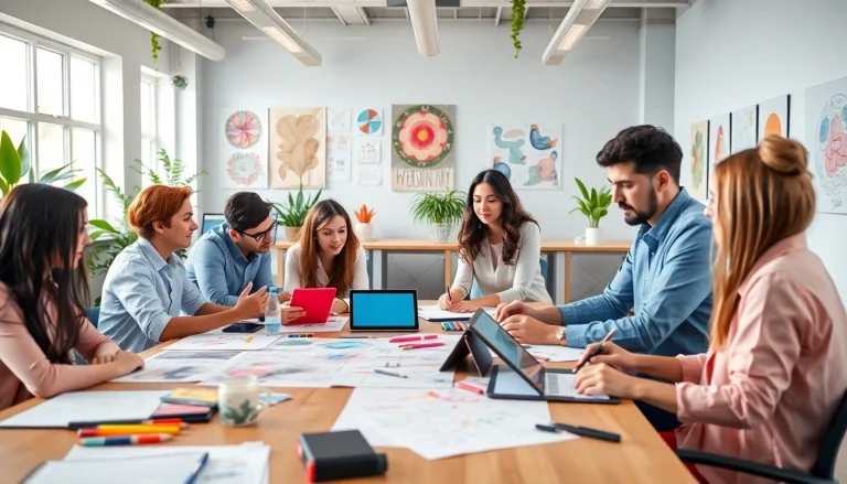 Create an engaging website design at a collaborative studio, featuring vibrant sketches and design tools.