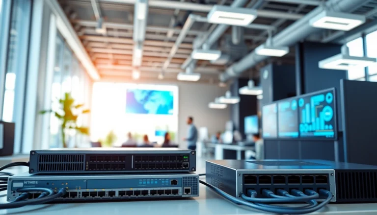 Network infrastructure components prominently displayed in a modern office setting.