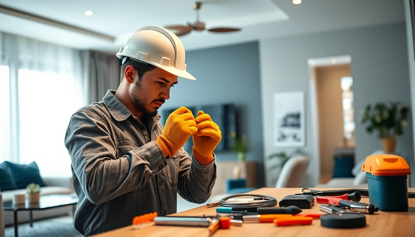 Providing Electrical Service with a professional electrician efficiently installing home wiring.