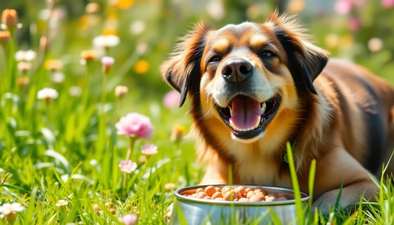 Dog enjoying nutritious badlands ranch dog food in a sunlit outdoor garden.