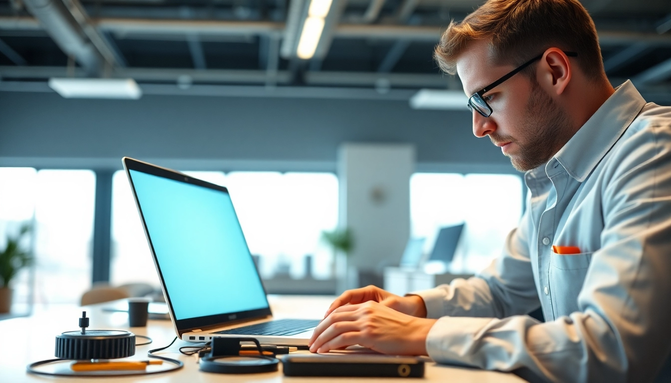 Find reliable computer help near me with a focused technician repairing a laptop in a modern office.