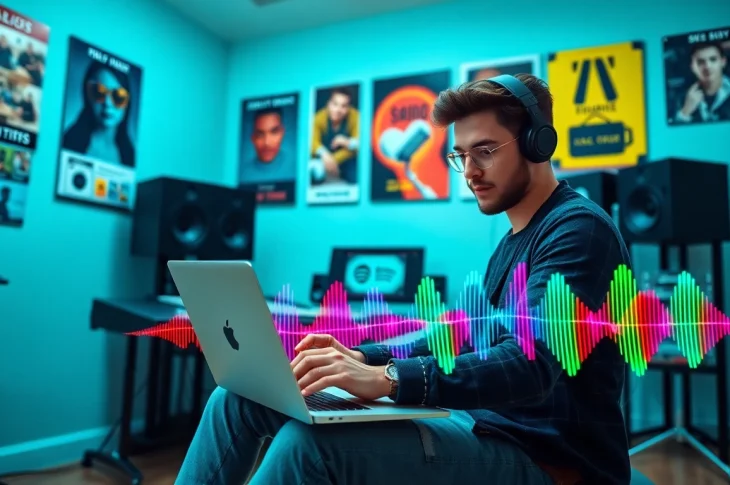 Boost your spotify promotion strategy with a focused musician in a vibrant recording studio.