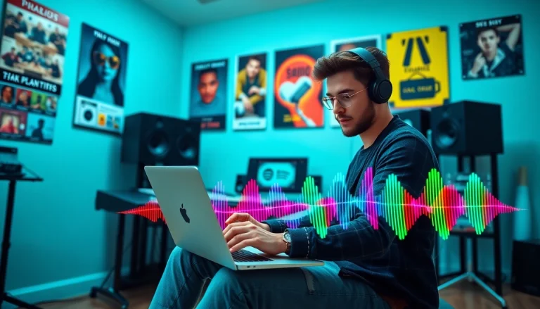 Boost your spotify promotion strategy with a focused musician in a vibrant recording studio.