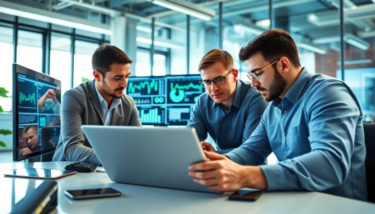 Site reliability engineering experts collaborating in a bright office, showcasing teamwork and technology.