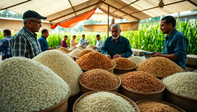 Engaged rice buyers interacting with vendors in a vibrant market setting.
