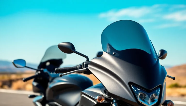 Showcase of motorcycle windshields on a motorcycle against a vibrant sky, highlighting their sleek design.