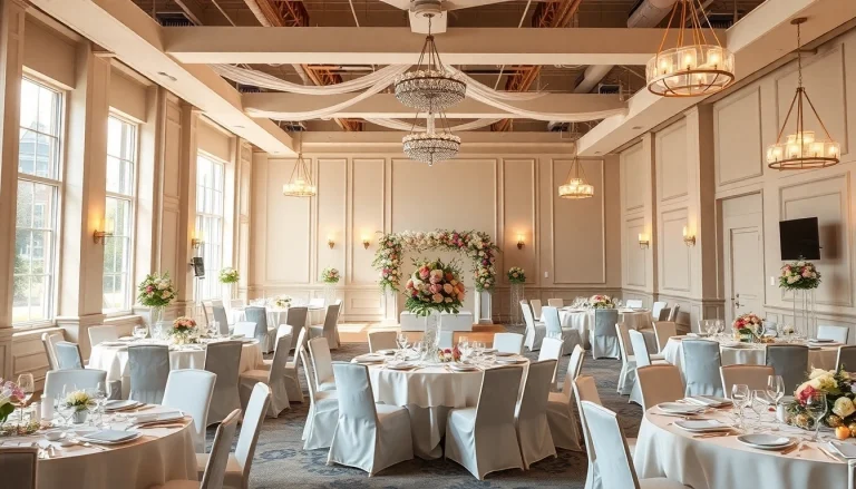 Host an event at a stunning city venue event center with elegant decorations and inviting atmosphere.