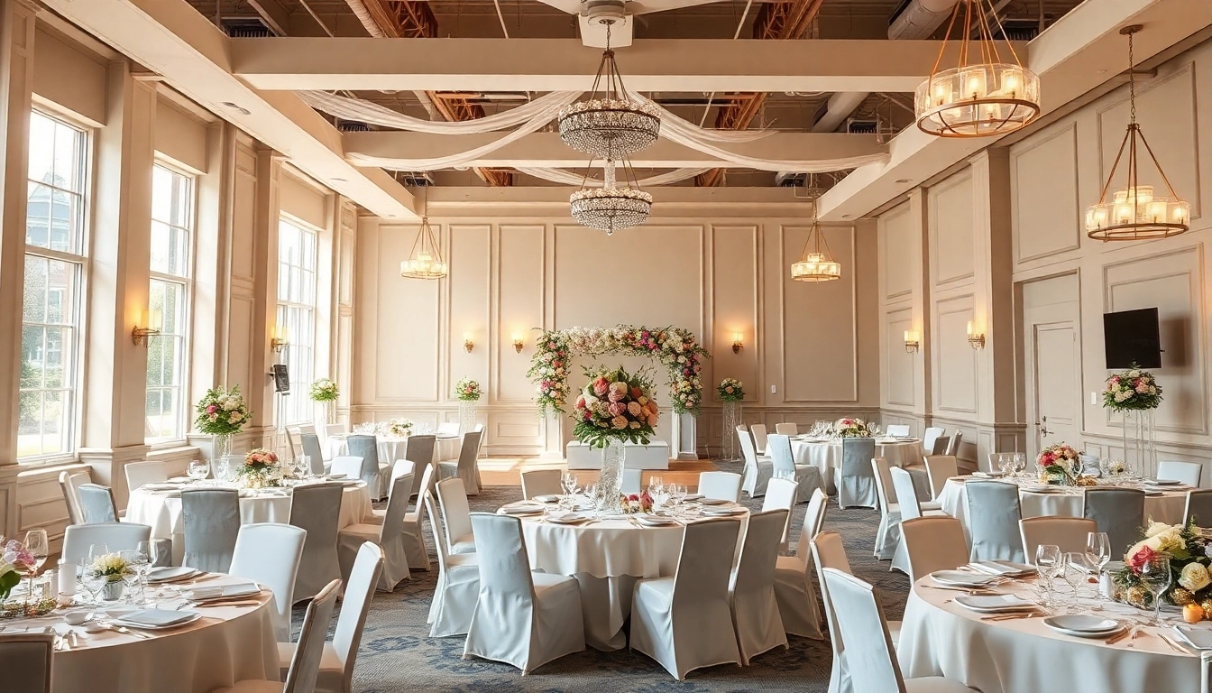 Host an event at a stunning city venue event center with elegant decorations and inviting atmosphere.