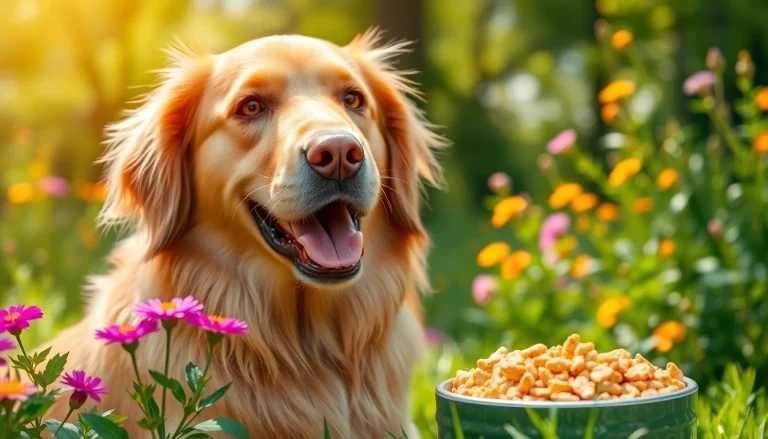 Engaging golden retriever enjoying dr marty pet food canada in a vibrant park setting.