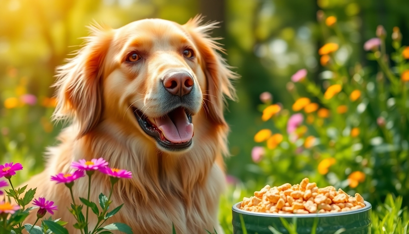 Engaging golden retriever enjoying dr marty pet food canada in a vibrant park setting.