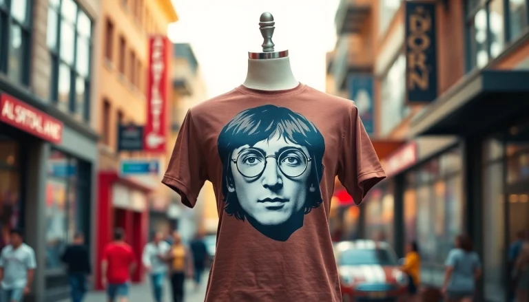 Showcasing a stylish john lennon t shirt with an iconic graphic against an urban backdrop.
