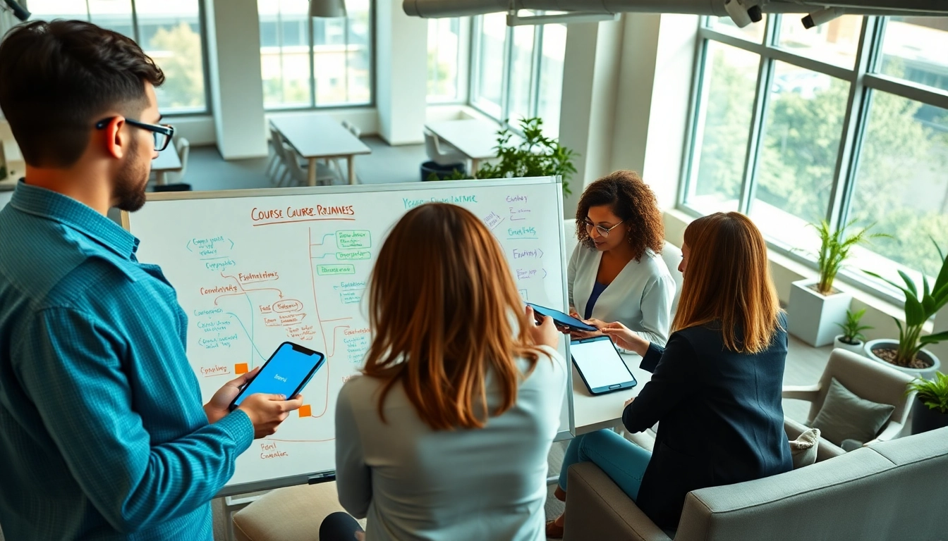 Collaborating course creators strategizing funnels for course creators in a bright office environment