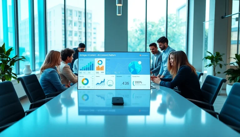 Engaged team brainstorming features of an AI content marketing platform in a modern workspace.