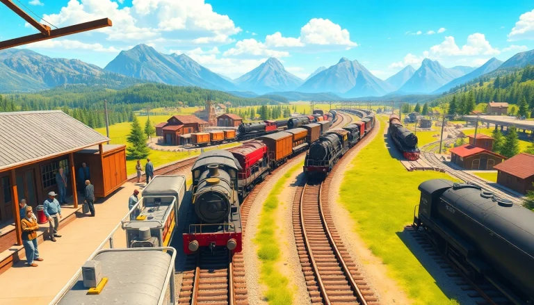 Experience the strategic excitement of railroad tycoon download with vibrant gameplay scenes and bustling train stations.