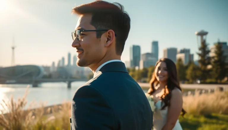 Candid shot by a photography company edmonton, capturing a wedding couple against the city's iconic skyline.