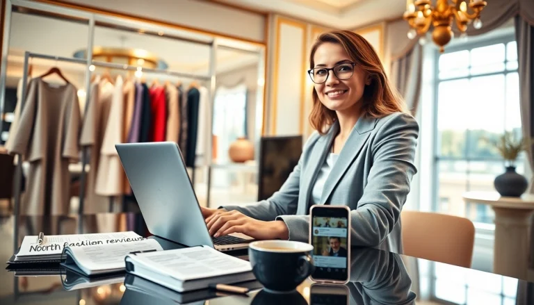 Analyzing north fashion reviews at a professional workspace with stylish clothing and accessories.
