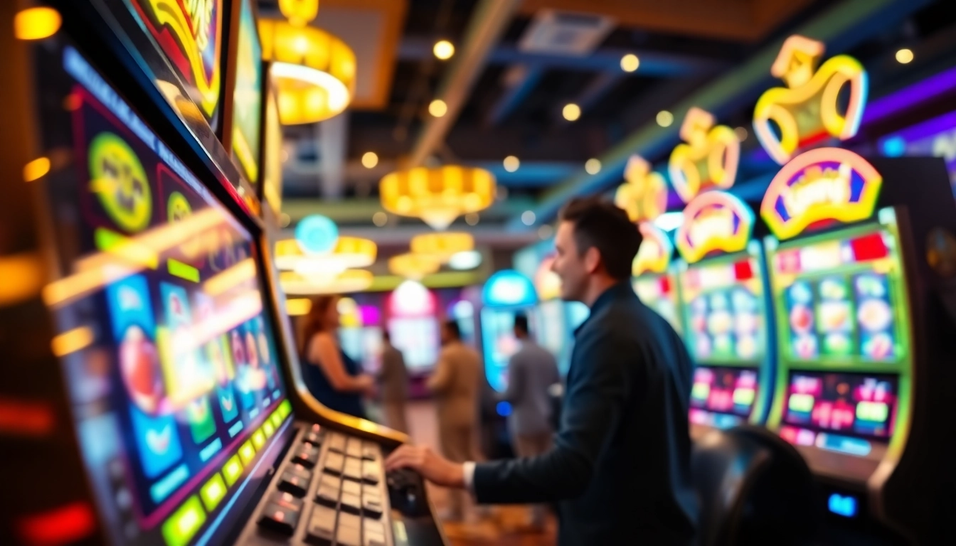 Permainan game slot yang menghibur dengan mesin slot cerah dan pemain yang bersemangat.