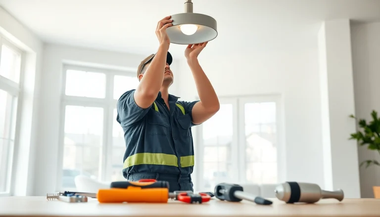 Electrician Clearwater installing a ceiling light fixture in a bright residential room